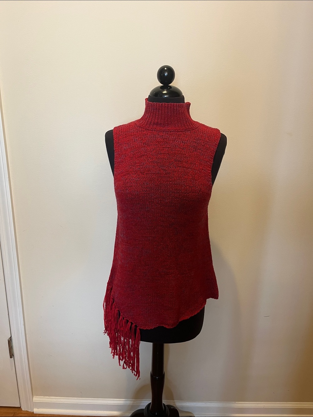 MINKPINK Sleeveless Red Turtleneck Fringe Knit Top